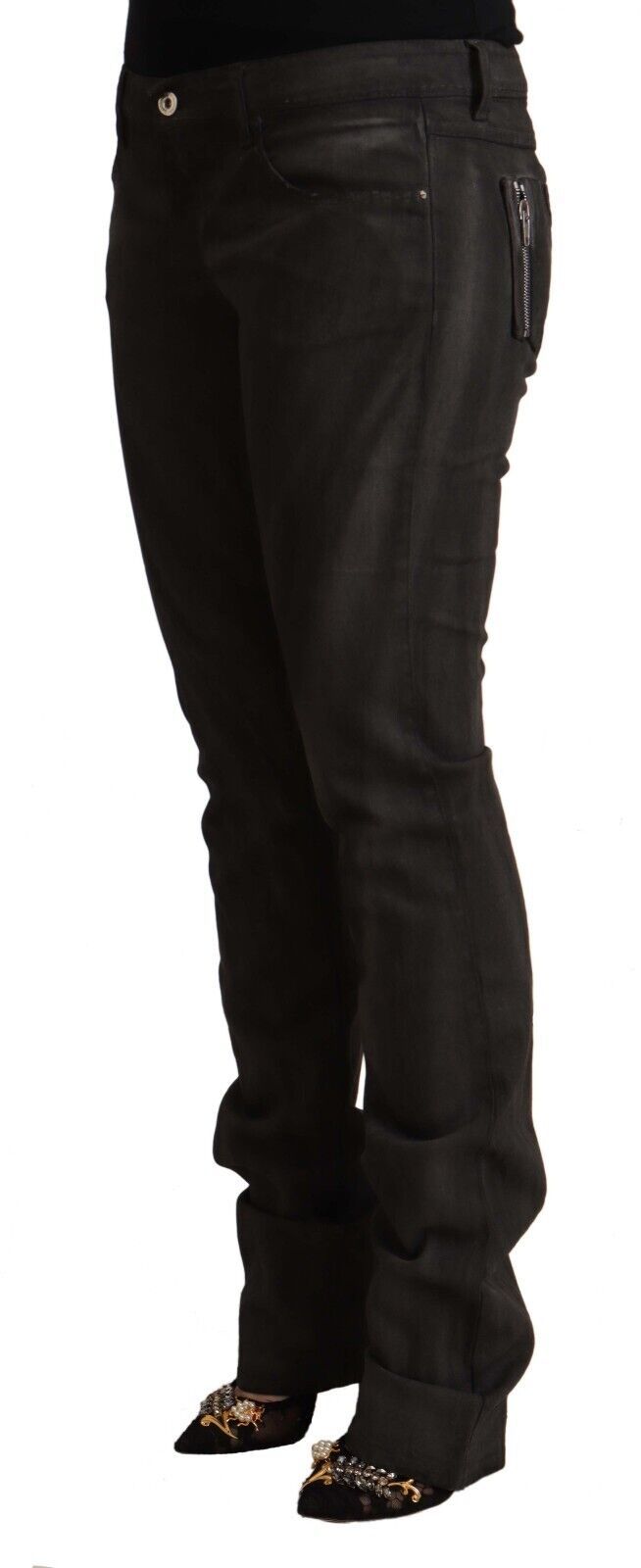 Black cotton mid waist skinny pants with zipper pocket detail