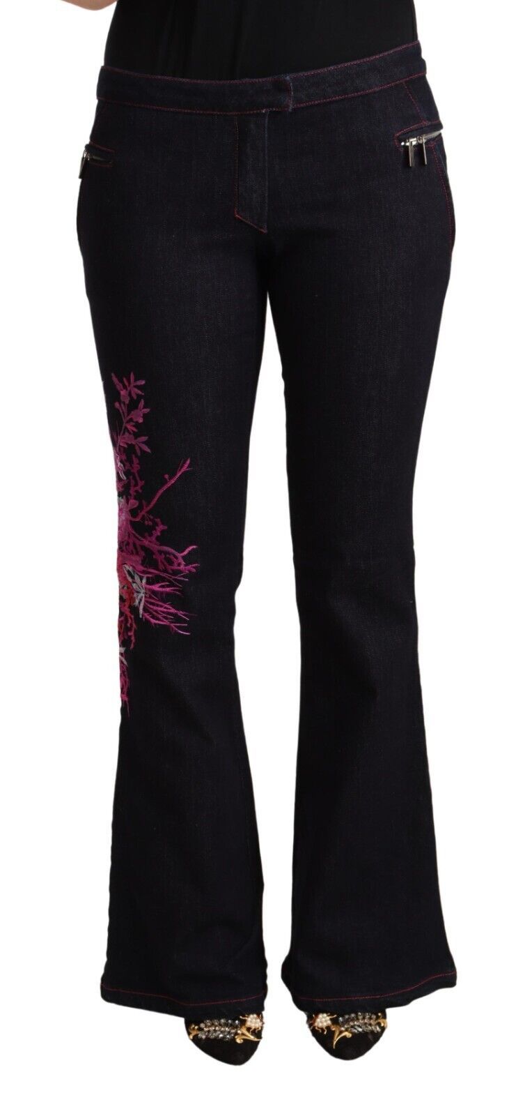Exte black cotton mid-waist flared jeans with pink floral embroidery and zipper pockets