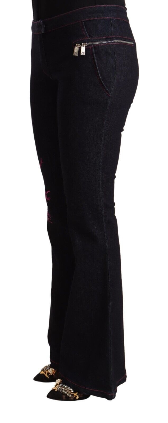 Black mid-waist cotton flared jeans with zipper pockets