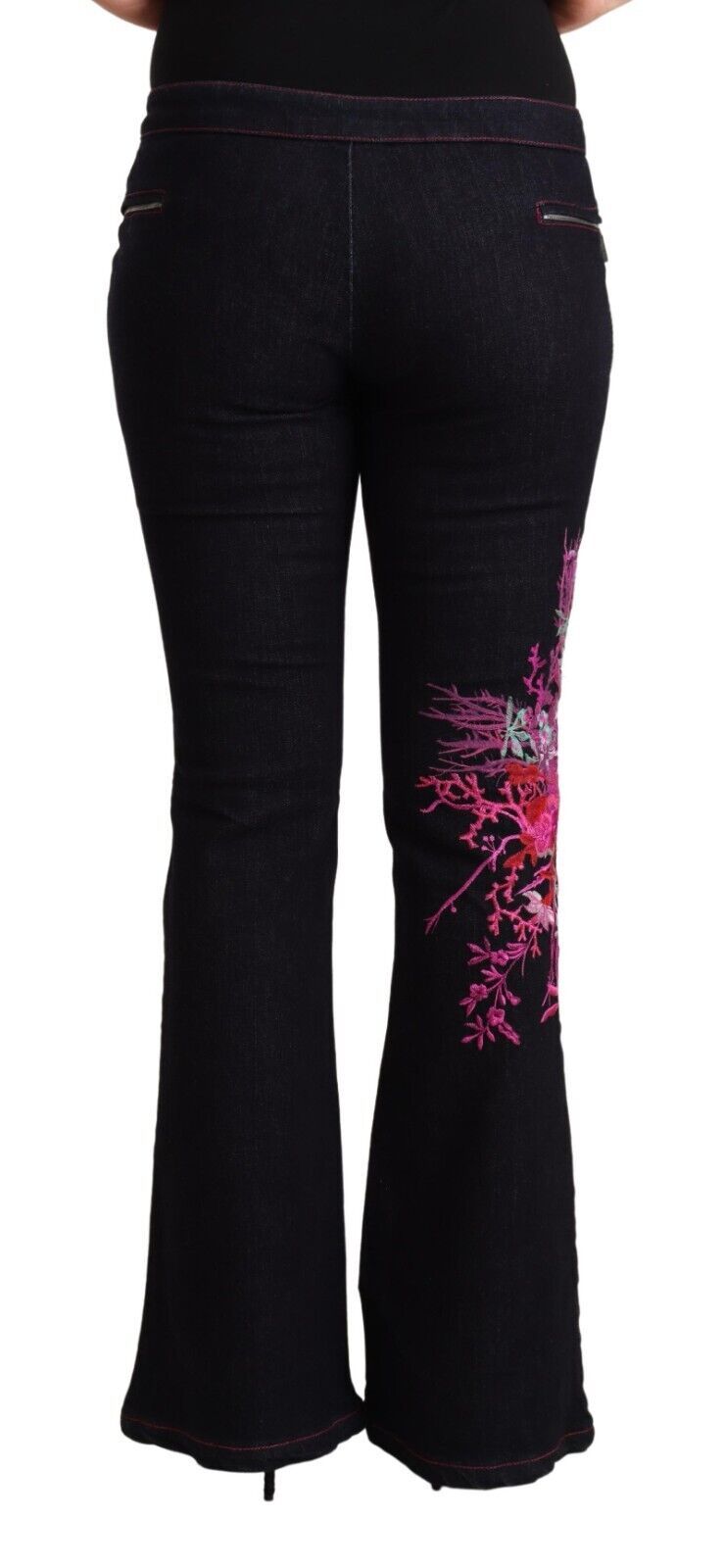 Black cotton mid waist flared jeans with pink floral embroidery on the left leg