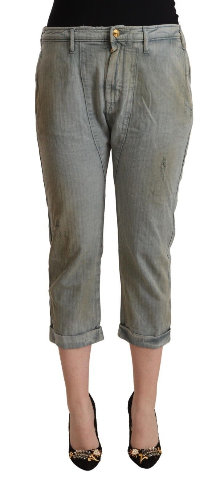 Gray 100% cotton mid waist skinny cropped pants with cuffed hems