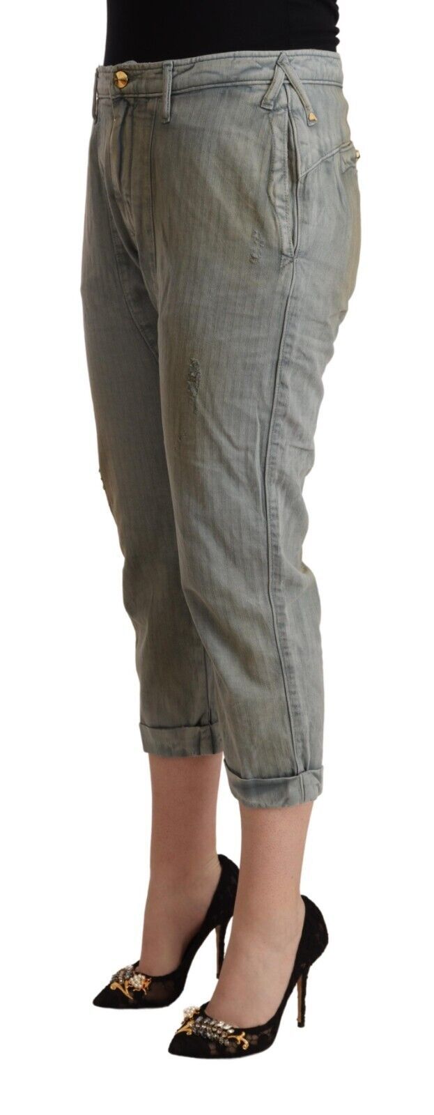Gray mid-rise cotton cropped skinny pants with cuffed hems