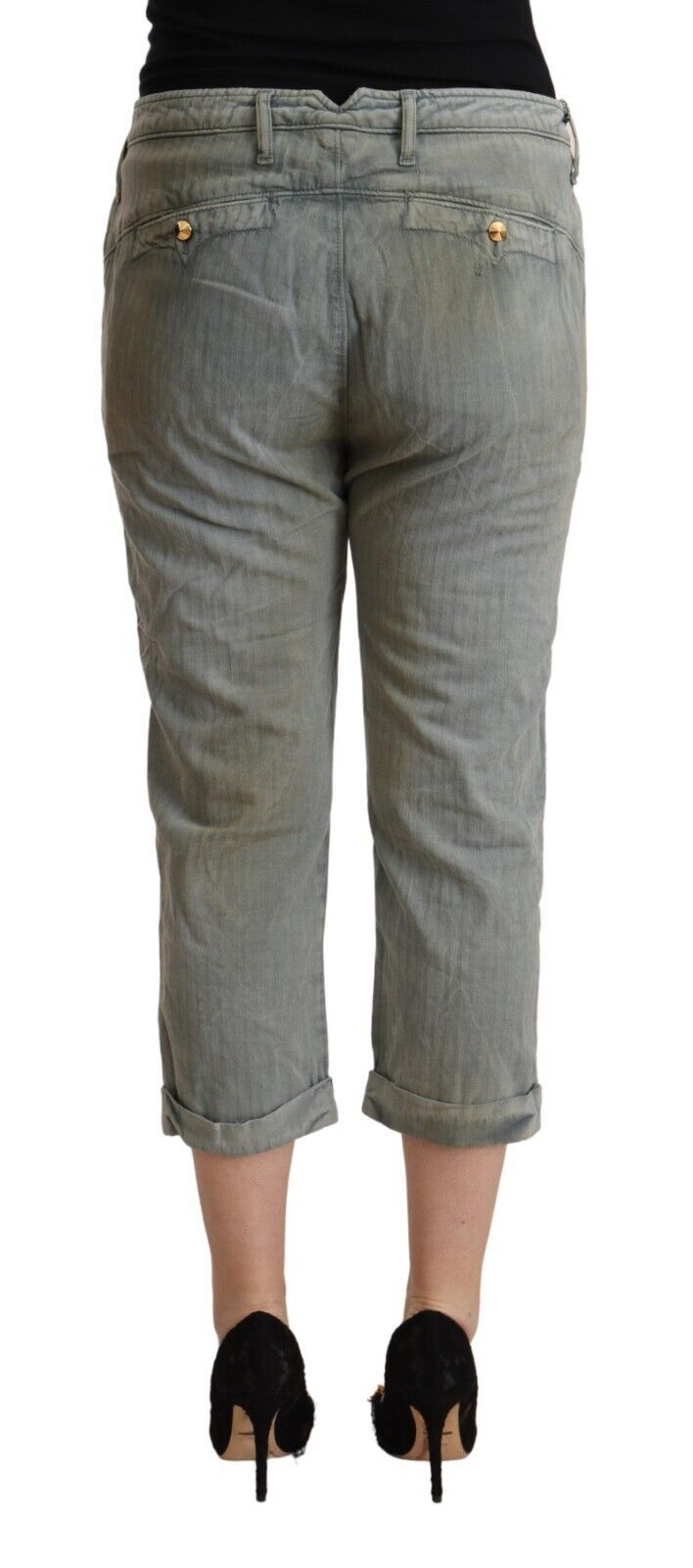 Gray 100% cotton mid waist skinny cropped pants with cuffed hems and back pockets viewed from behind