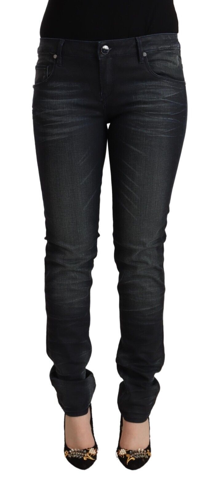 Black washed cotton low-waist slim-fit denim jeans