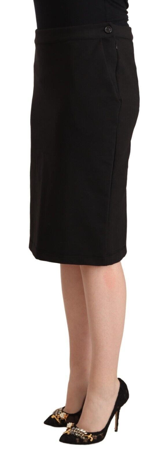 Black straight knee-length pencil skirt with a buttoned waistband