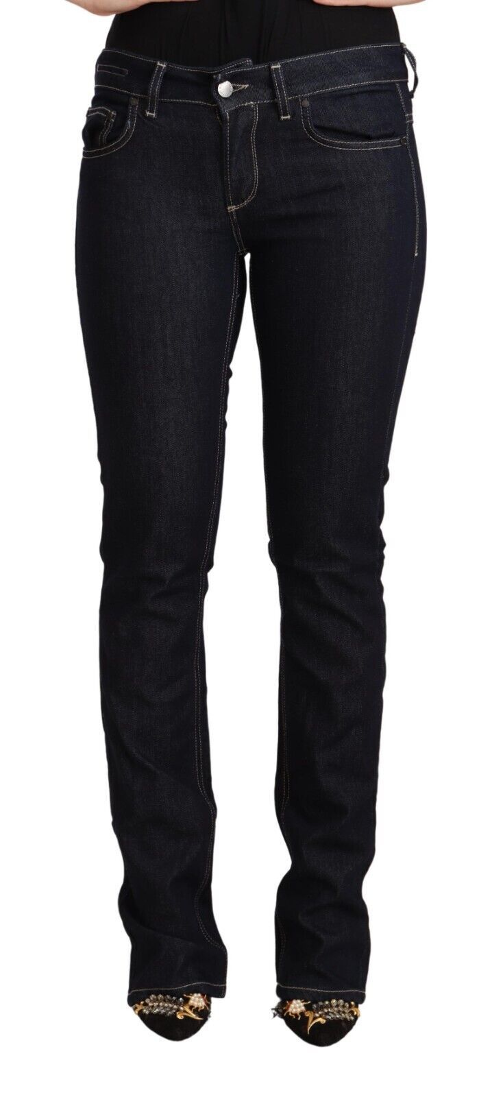 Black stretch cotton low waist skinny denim jeans on a mannequin