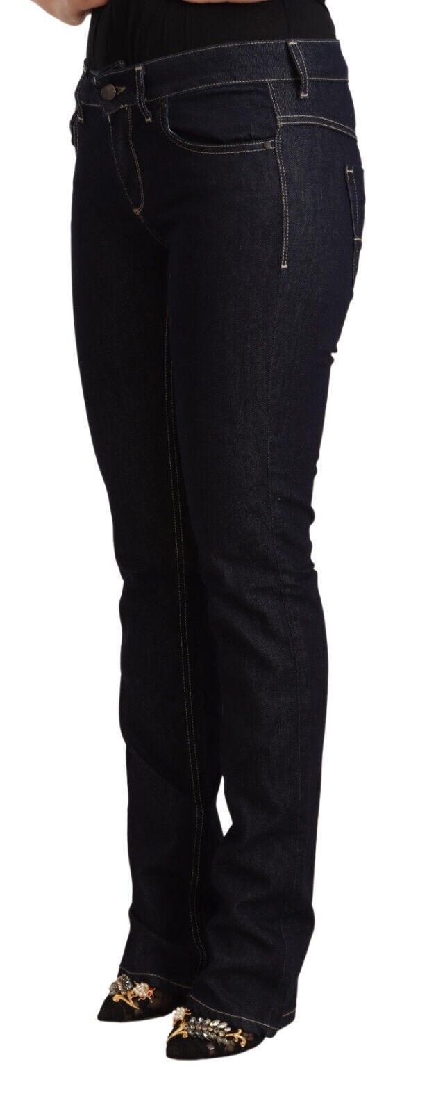 Black stretch cotton low waist skinny denim jeans worn by a model