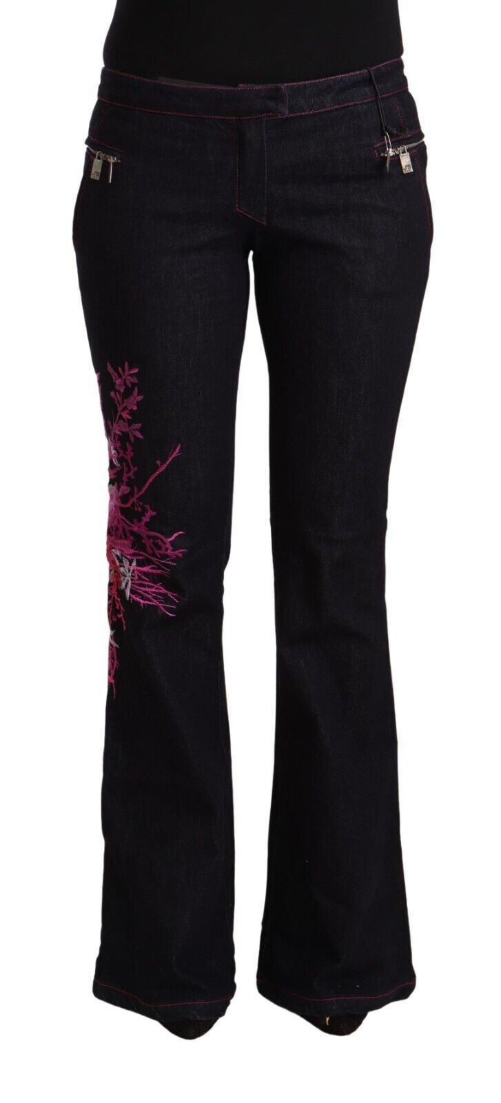 Black cotton stretch mid-waist flared denim jeans with pink floral embroidery