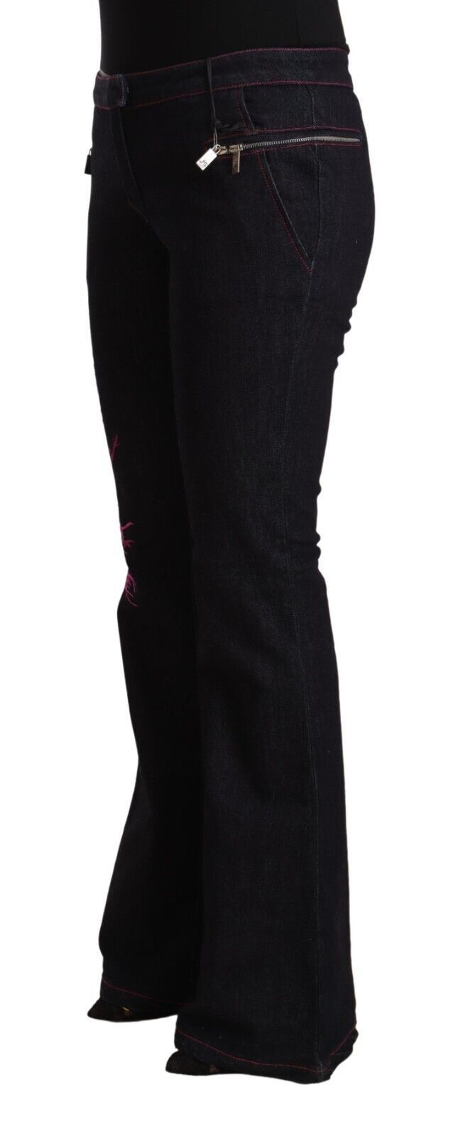 Black cotton stretch mid-waist flared denim jeans with zipper pockets