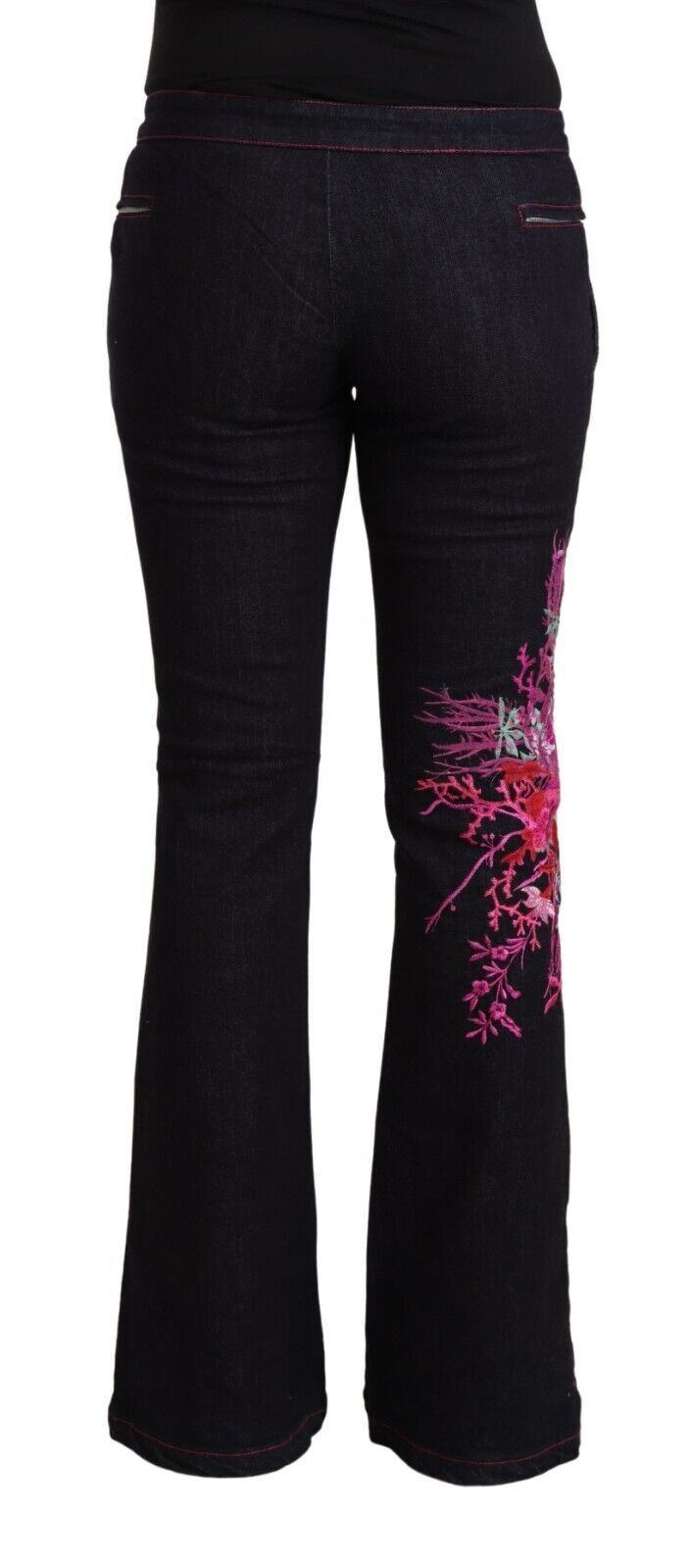 Black cotton stretch mid-waist flared denim jeans with pink floral embroidery on the lower left leg viewed from the back