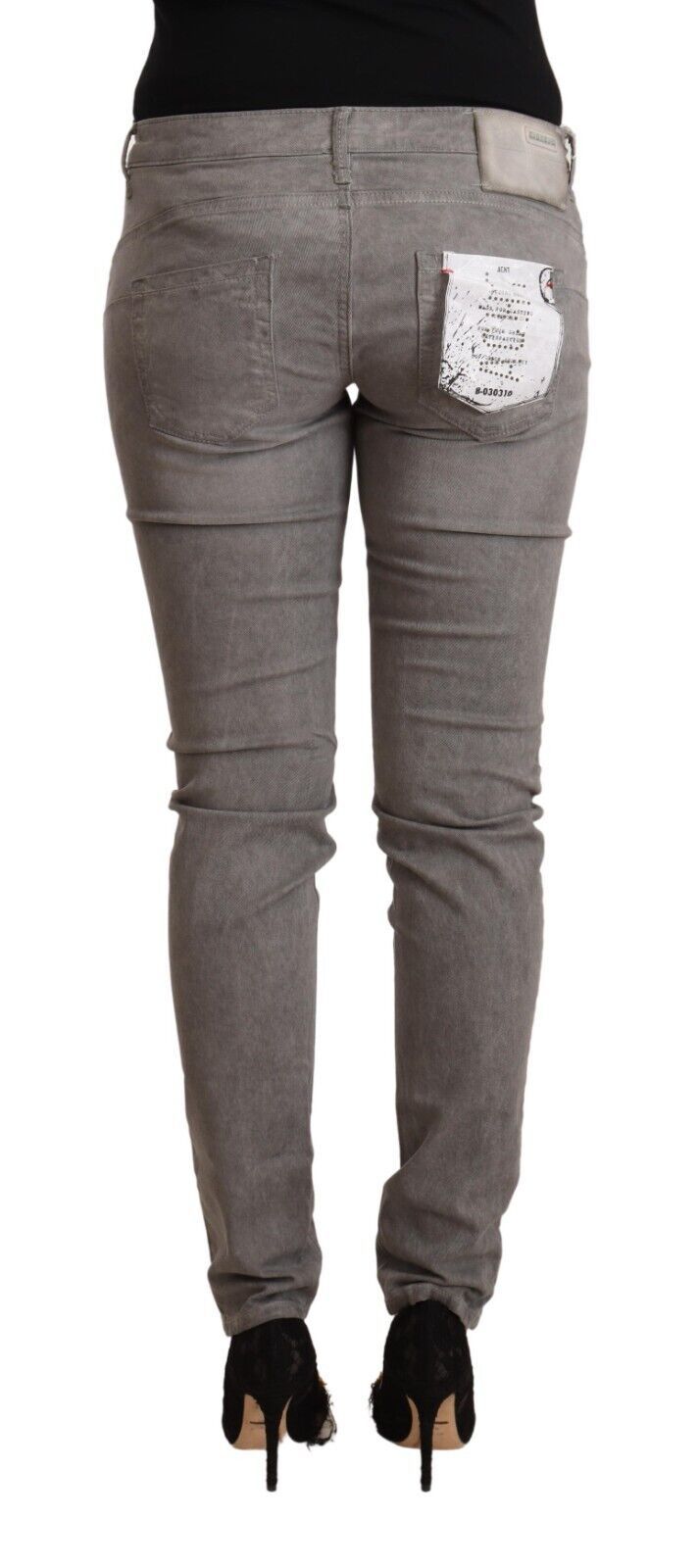 Gray cotton low-waist skinny push-up denim jeans viewed from the back