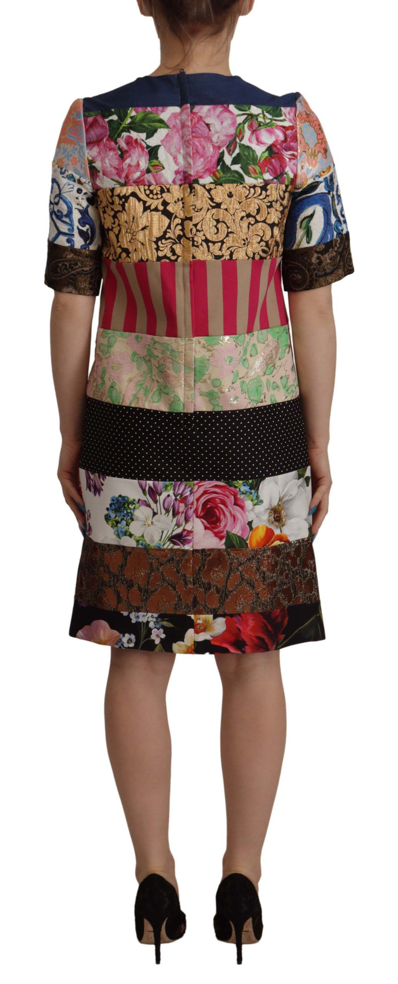 Multicolor patchwork floral jacquard sheath mini dress with short sleeves
