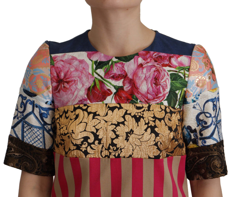 Multicolor patchwork floral jacquard mini dress with short sleeves and crew neck