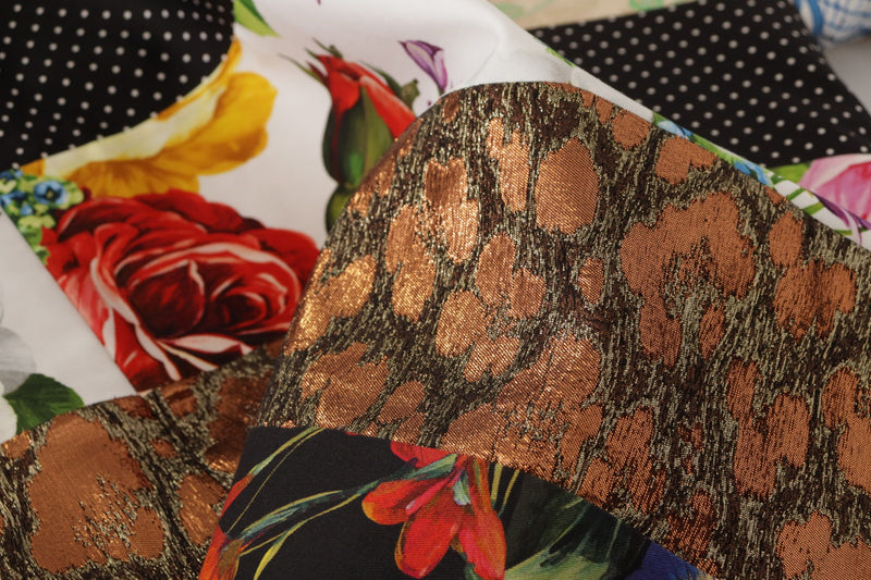 Multicolor patchwork floral jacquard dress with bronze metallic animal print and polka dot details