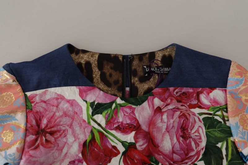 Multicolor floral jacquard dress with pink roses and patchwork denim shoulders