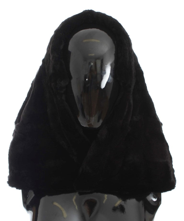 Black weasel fur crochet hood scarf hat on a mannequin