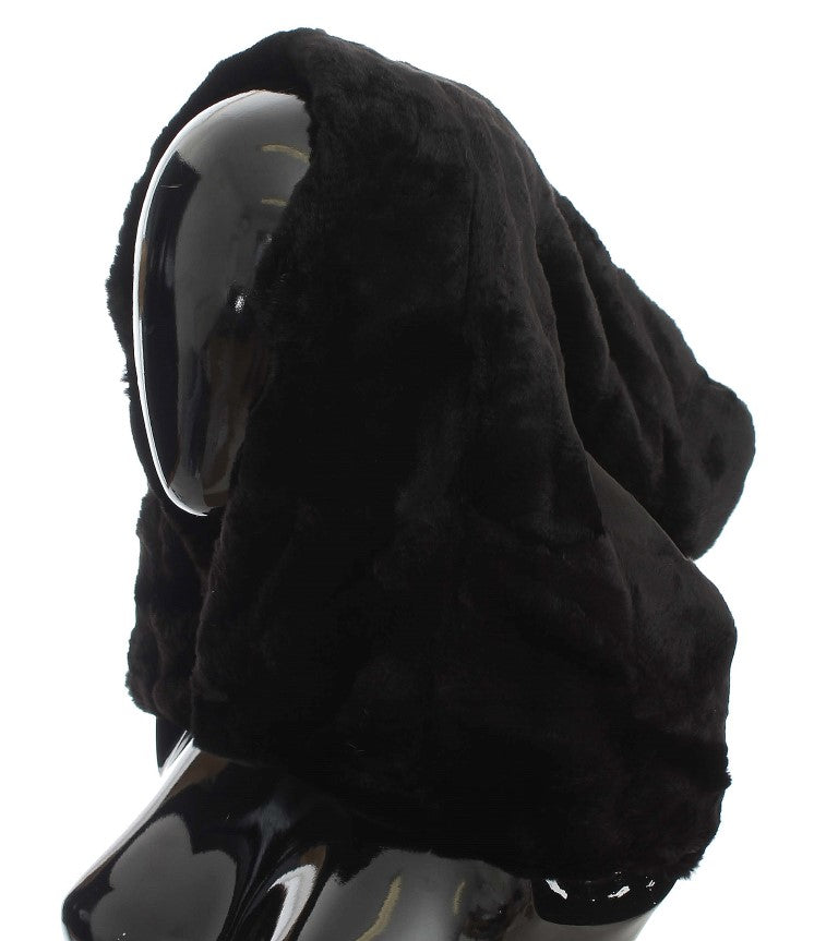 Black weasel fur crochet hood scarf hat on a mannequin