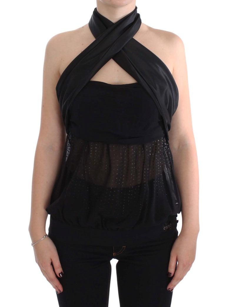 Black silk halter neck wrap blouse with sheer dotted fabric