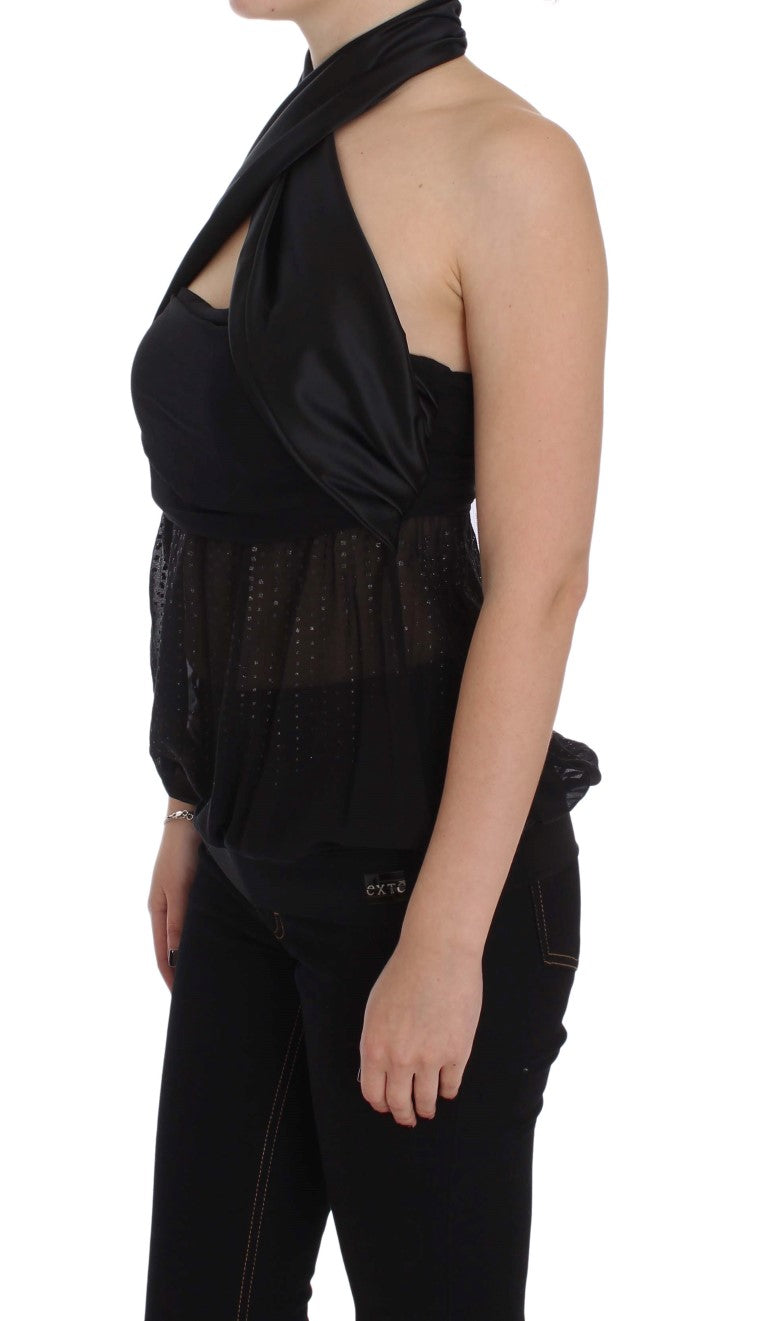 Black satin halter neck wrap blouse with sheer dotted fabric