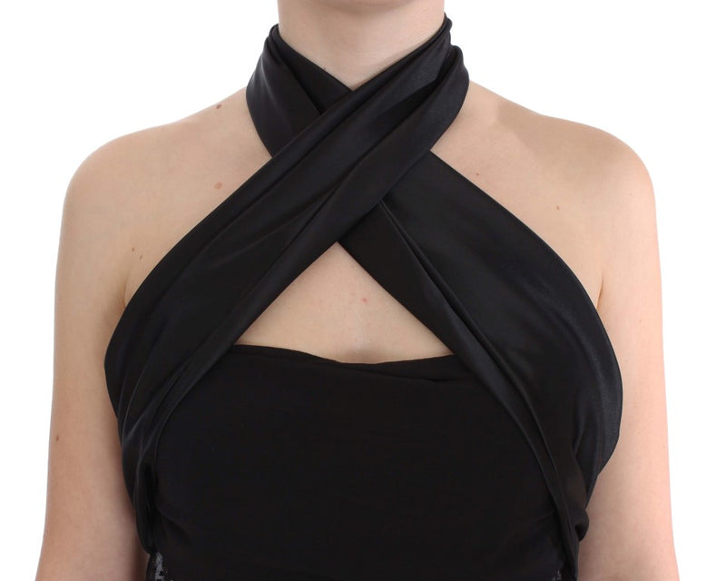 Black satin halter neck wrap blouse with a sleeveless, crossover design