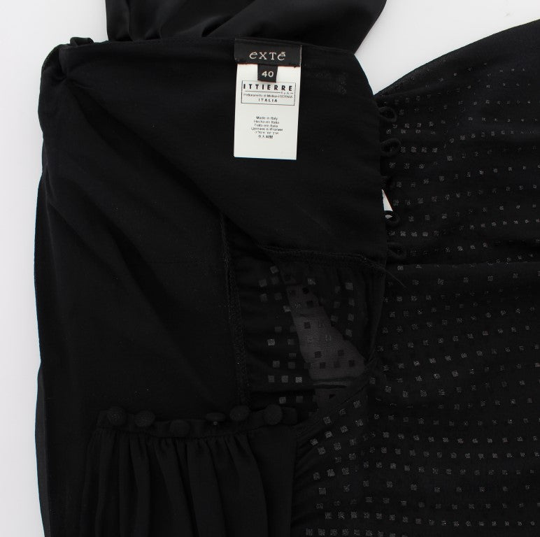 Black Exte silk blouse with sheer dot pattern and neck wrap styling