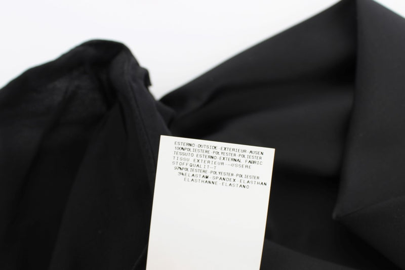 Black polyester neck wrap blouse with fabric care label showing material details