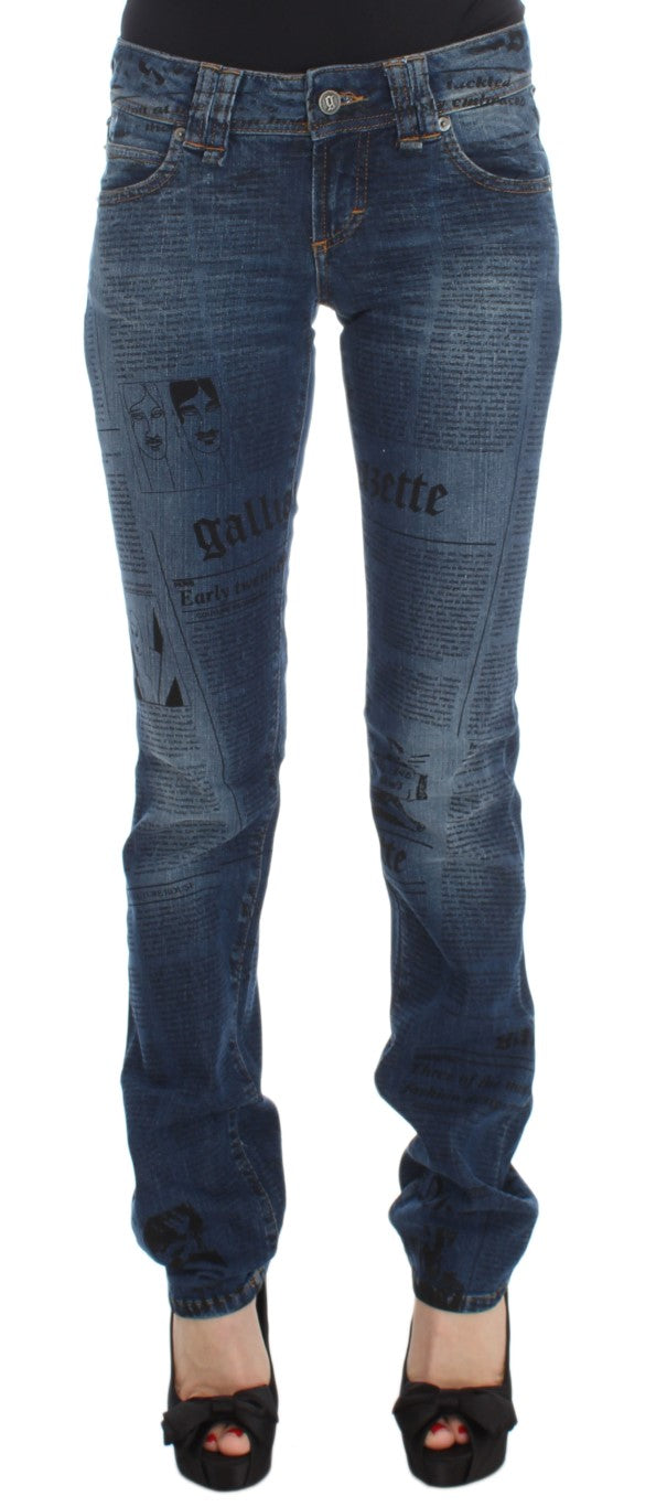 John Galliano blue wash cotton blend slim fit bootcut jeans with a newspaper print pattern