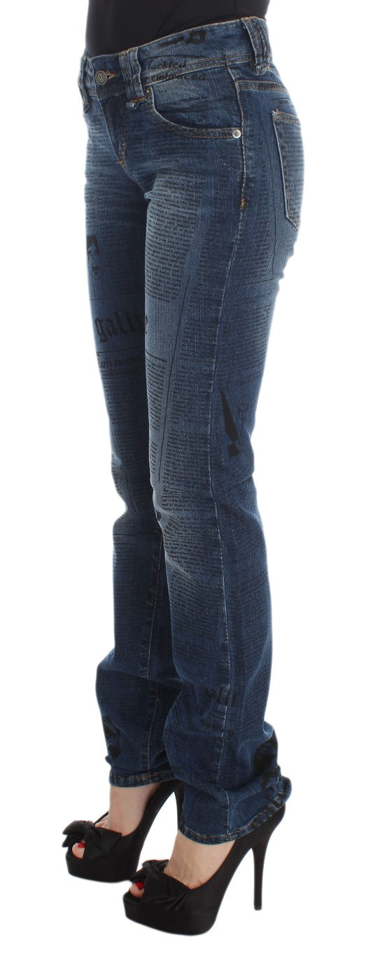Blue wash cotton blend slim fit bootcut jeans with newspaper print