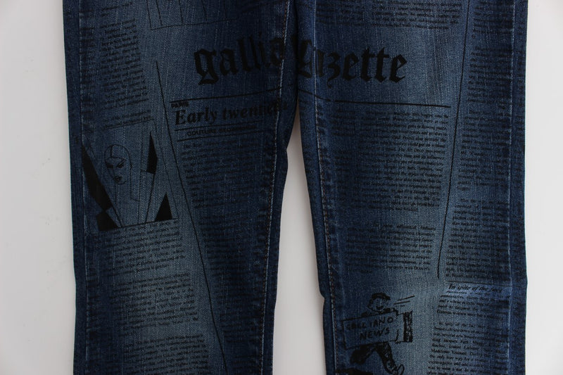 John Galliano blue wash cotton blend slim fit bootcut jeans with newspaper print
