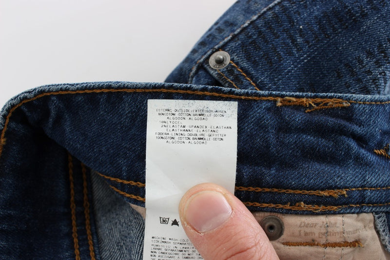 Blue wash cotton blend slim fit bootcut jeans interior tag view