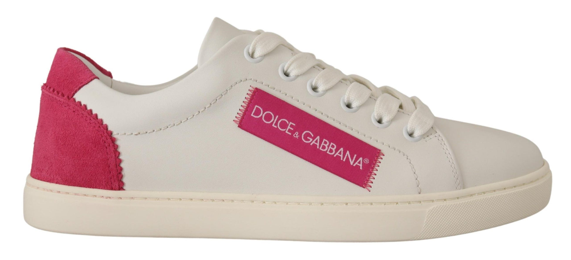 Dolce & Gabbana white leather low-top sneakers with a pink suede heel tab and matching branded side patch.
