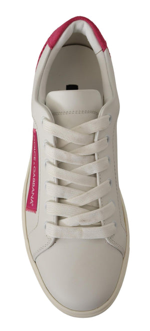 Dolce & Gabbana white leather low-top sneakers with pink suede heel and pink logo side tab.