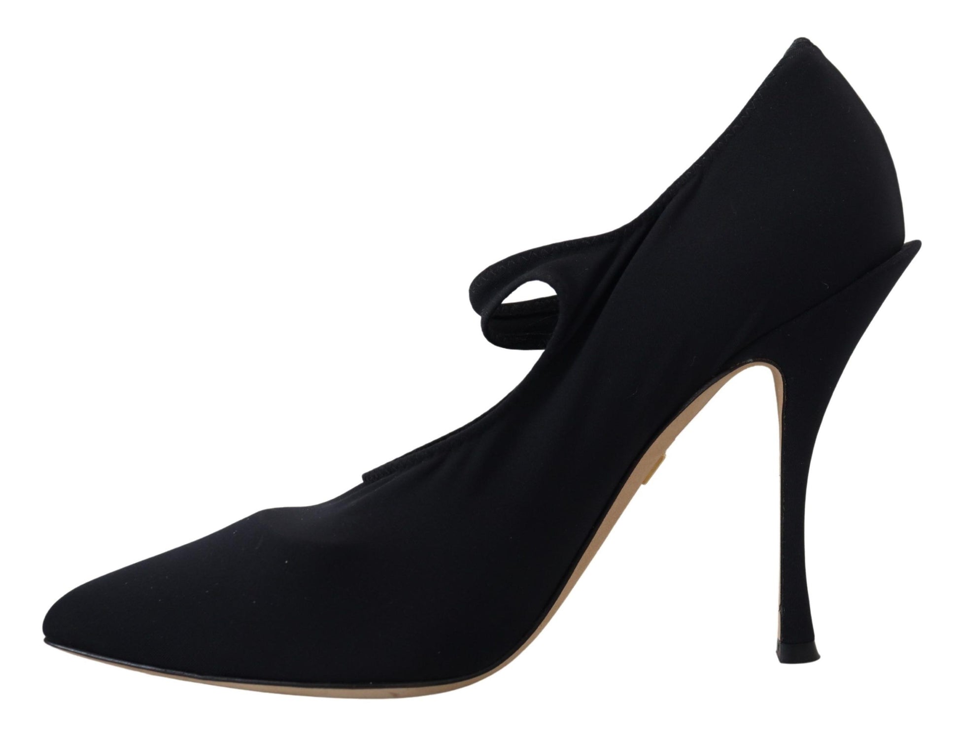 Black stretch fabric pointed-toe pump with a thin ankle strap and high stiletto heel by Dolce & Gabbana.