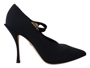 Black stretch fabric pointed-toe pump with a thin ankle strap and embellished gold crystal detail.