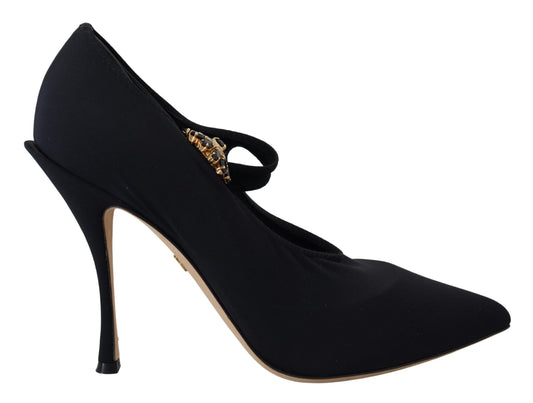 Black stretch fabric pointed-toe pump with a thin ankle strap and embellished gold crystal detail.