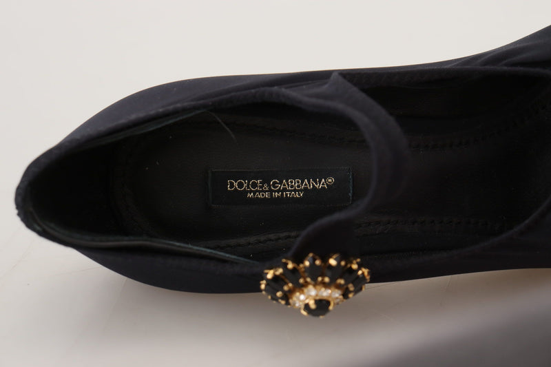 Black Dolce & Gabbana stretch sock pump with a jeweled crystal embellishment on the strap and branded inner label.
