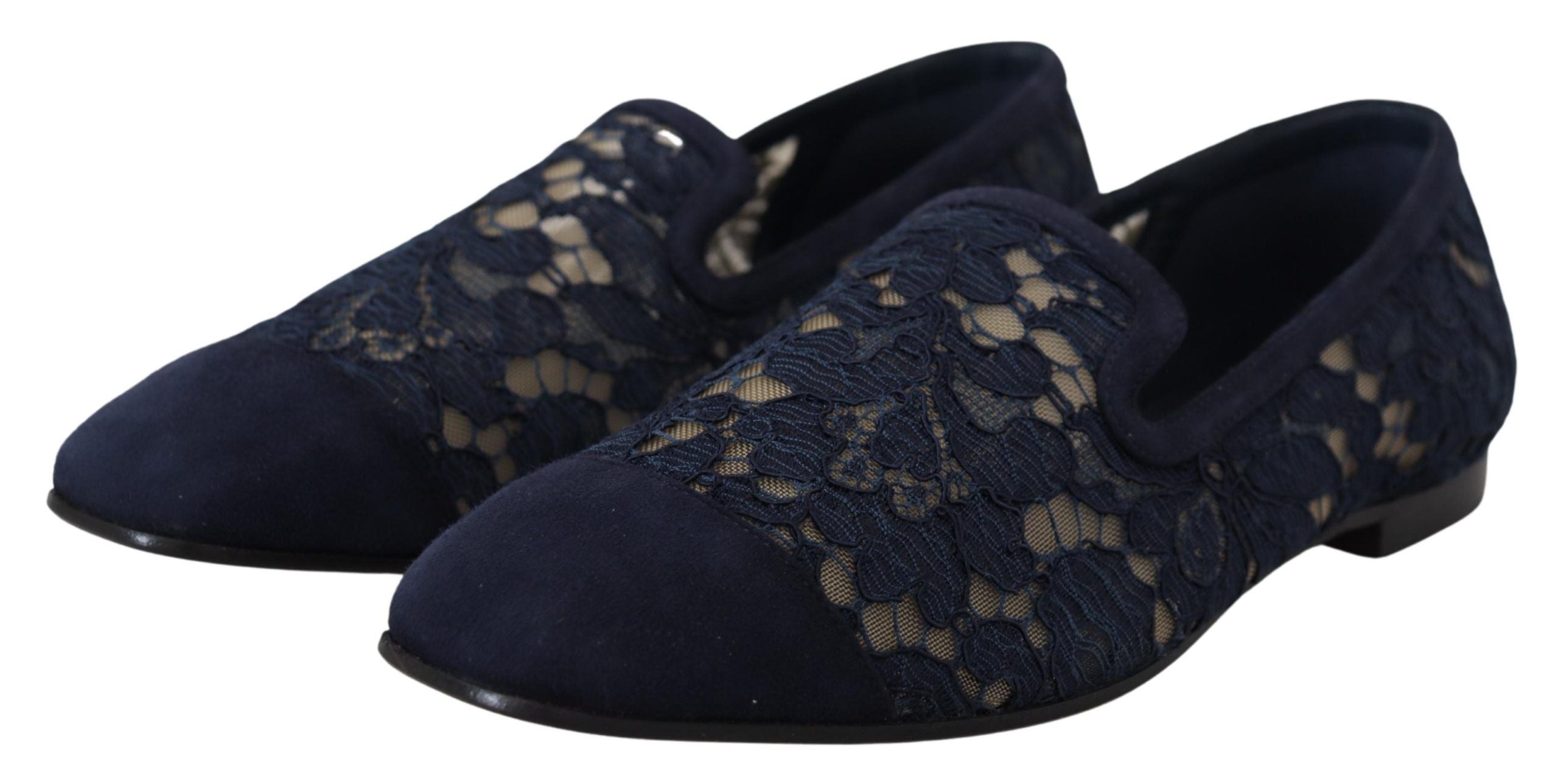 Dolce & Gabbana navy blue floral lace slip-on loafers with suede rounded caps and flat soles.