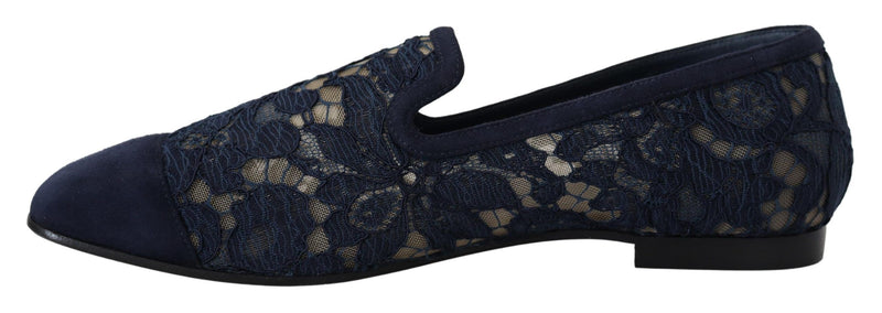 Dolce & Gabbana navy blue floral lace slip-on loafers with a rounded suede toe and low flat heel.