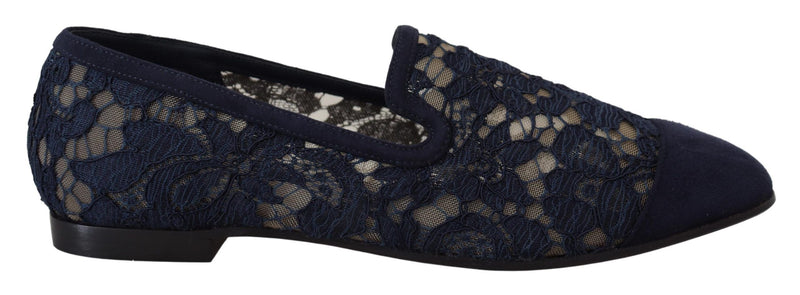 Dolce & Gabbana navy blue floral lace slip-on loafers with suede trim and a rounded toe.