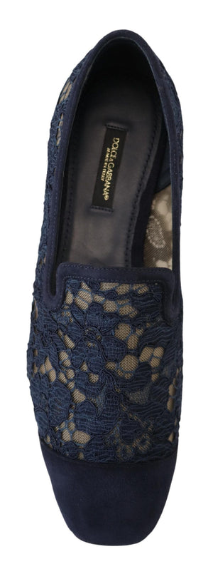 Dolce & Gabbana navy blue floral lace slip-on loafers with suede trim and an almond toe.