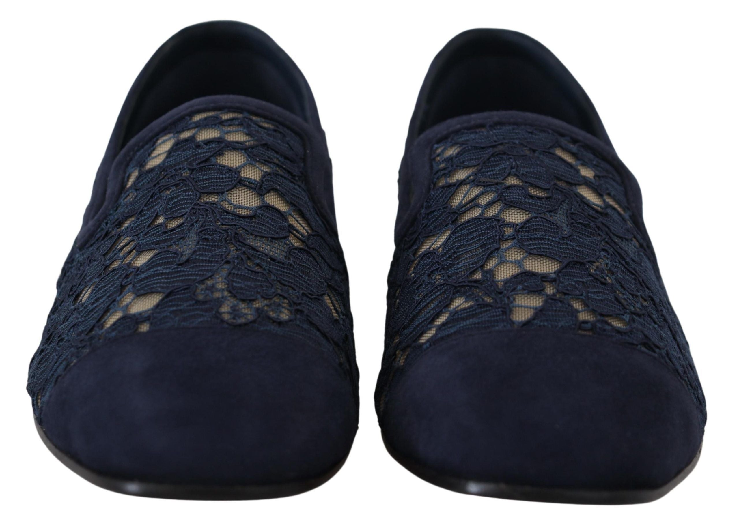 Dolce & Gabbana navy blue floral lace slip-on loafers with suede rounded toes.