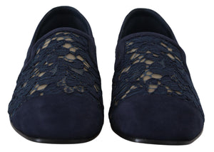 Dolce & Gabbana navy blue floral lace slip-on loafers with suede rounded toes.