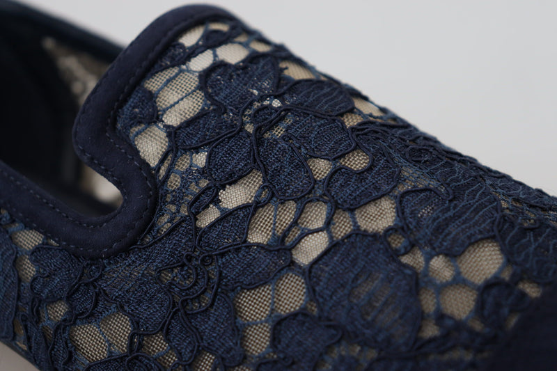 Dolce & Gabbana navy blue floral lace slip-on loafers with suede trim.