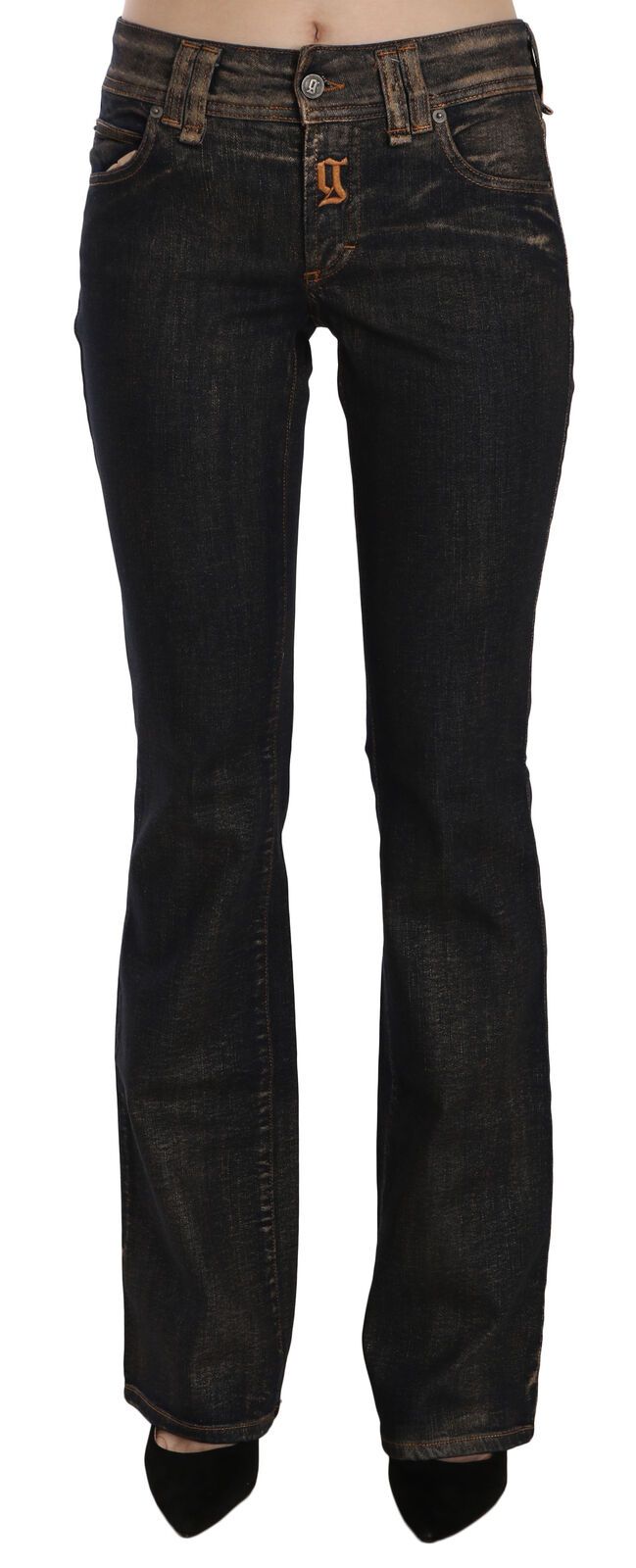 Black washed mid-waist flared cotton denim pants