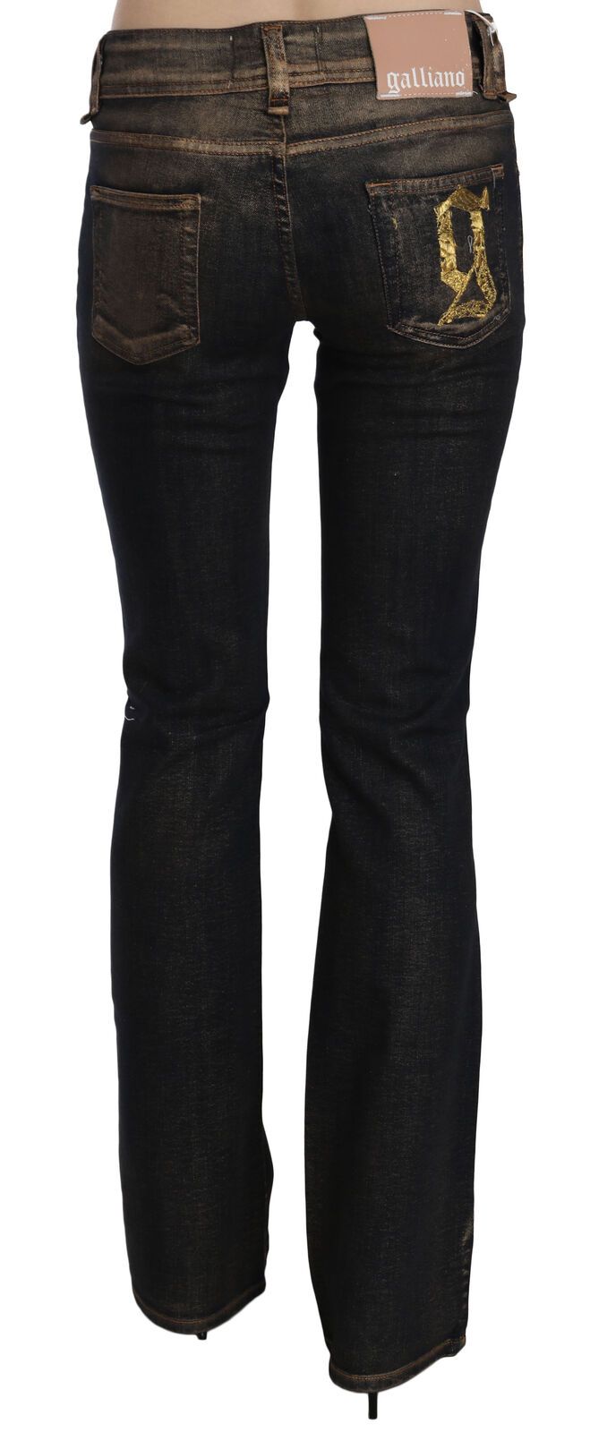 Black washed cotton mid-waist flared denim pants from behind, featuring a gold embroidery on the back pocket