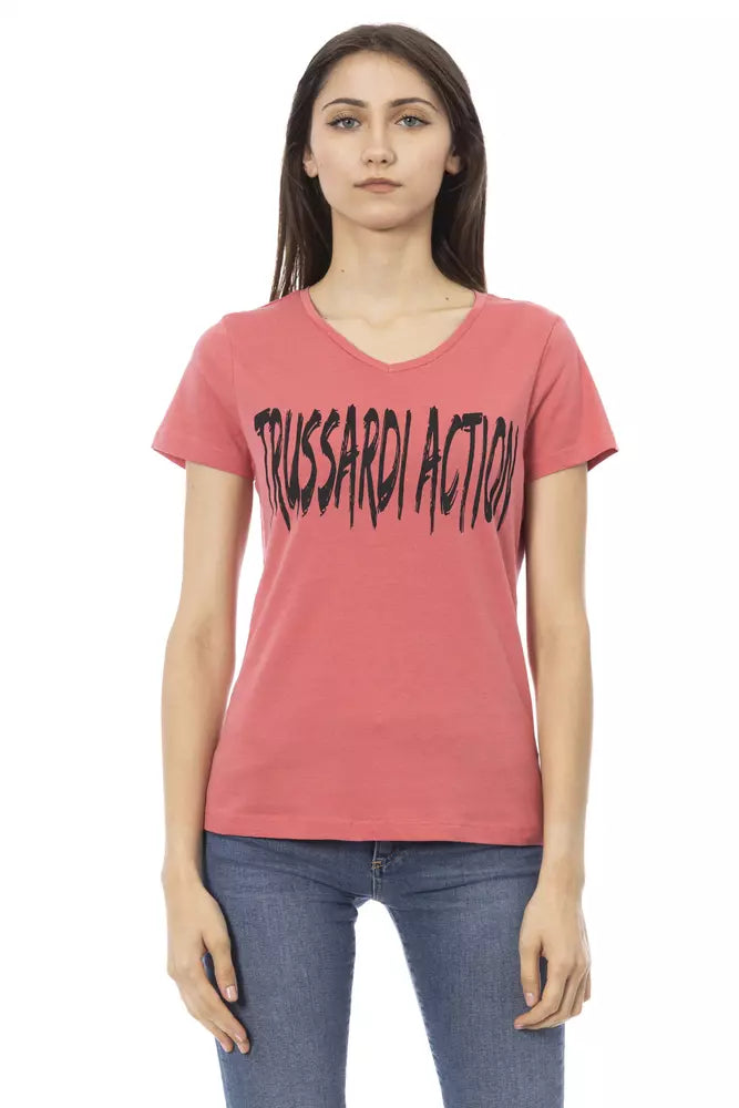 Pink cotton V-neck t-shirt with black Trussardi Action logo text worn by a woman