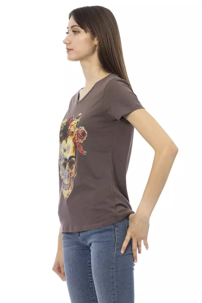 Brown cotton women's t-shirt with a v-neck and graphic print of a skull with floral crown