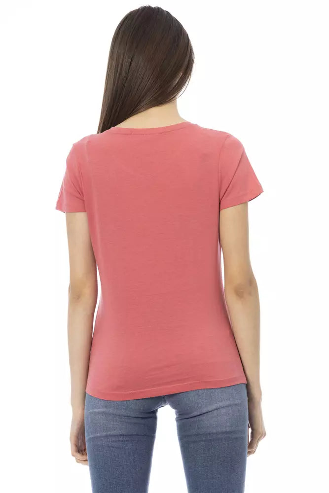 Pink cotton short-sleeve women's t-shirt viewed from the back