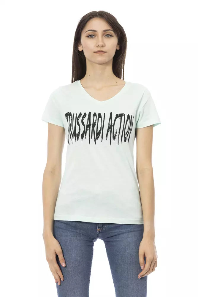 Light blue cotton V-neck t-shirt with black Trussardi Action logo