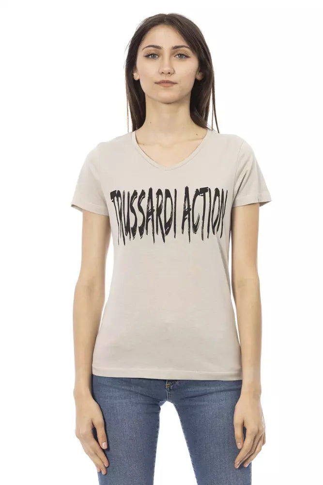 Beige cotton V-neck women's t-shirt with black Trussardi Action logo print